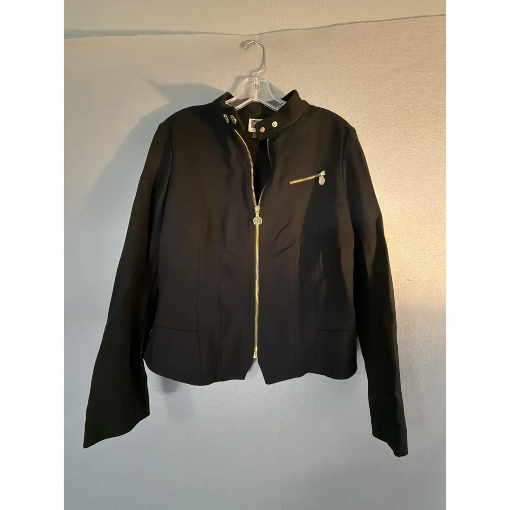 Anne Klein Blazer Womens M Black Stretch Zip Front Moto Gold Zipper Jacket